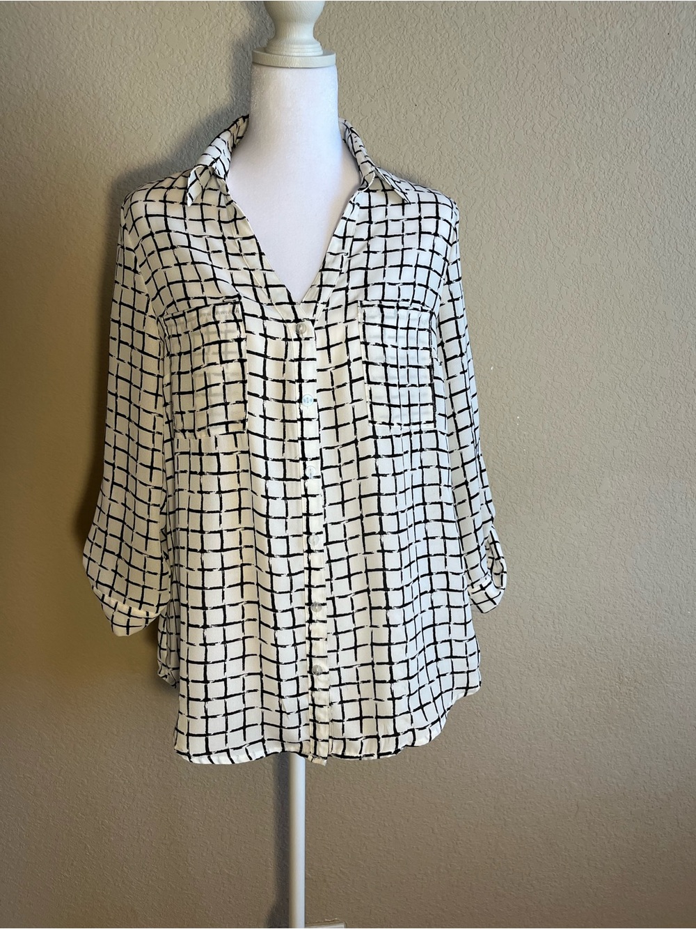 Relaxed Cream Button-Down Shirt with Black Grid